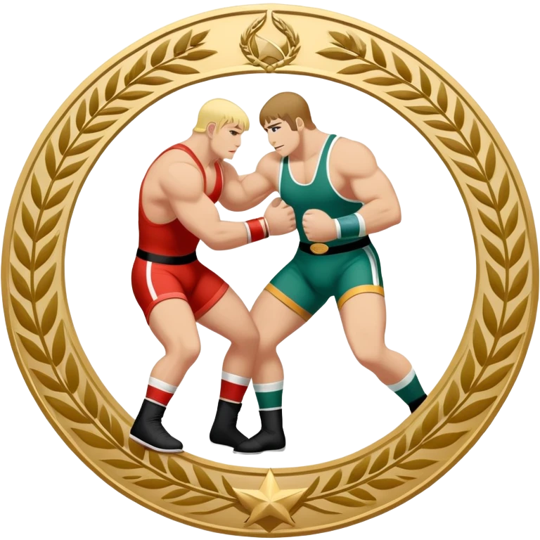 An icon symbolizing wrestling combat sports in the style of an emblem. The design features two wrestlers locked in a powerful grapple, one attempting to take the other down. Surrounding the scene are stylized elements like a championship belt, wrestling mat, and a laurel wreath.  emoji