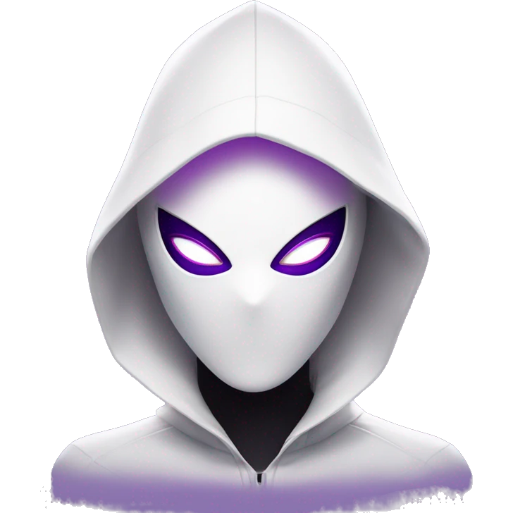 Android Spider-Gwen with a sleek, minimalist design, featuring a white mask and large purple eye shapes in an emoji-like style. She wears a high-tech suit with subtle web patterns on her arms, and a glowing hood resembling her iconic look emoji