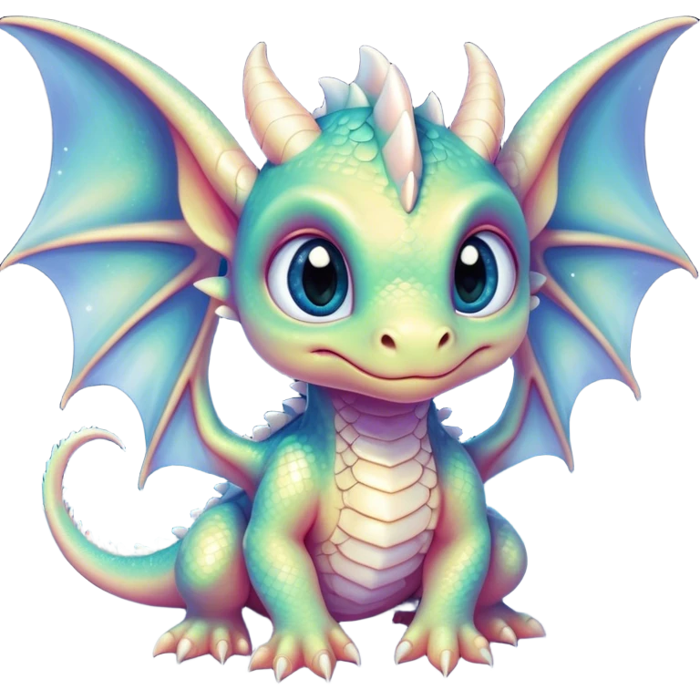 Airbrush painted image of an adorable little baby dragon with large glistening eyes under a deep galactic sky with pearlescent scales and wings spread against the stars emoji
