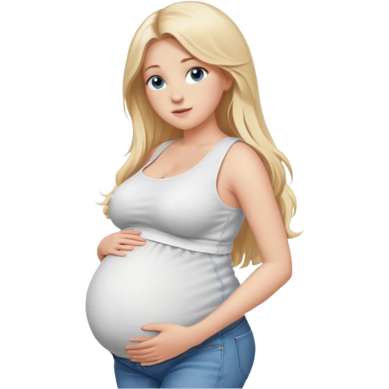 White girl, 18, long blonde hair, blue eyes, white crop top, jeans, huge pregnant belly, big boobs, side view. emoji