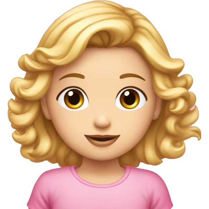 Niña rubia con pelo rizado, coleta arriba rosa, nariz redondita y ojos marrones. Camiseta rosA. emoji