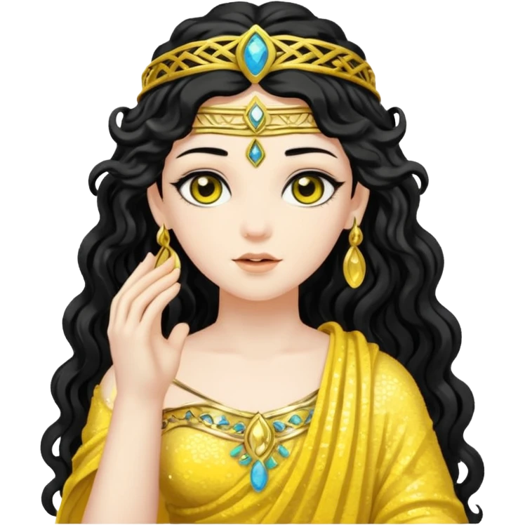 Libera, Goddess of Labyrinth from Roman Deities with long jet black wavy hair, yellow sequin toga  emoji