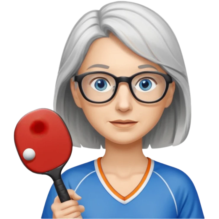 Blue eyed Female shoulder length gray hair and glasses pickleball emoji