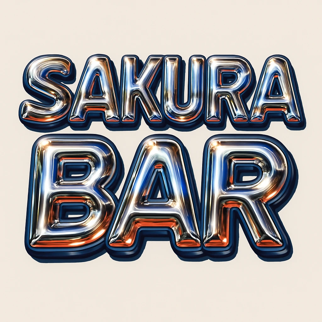 Make the 'Sakura Bar' bubble letters font more Y2K style—futuristic, metallic, shiny, with playful curves and a retro 2000s vibe, keep orange and red colors. The style should reflect a glossy, metallic, and futuristic look typical of early 2000s design aesthetics. emoji
