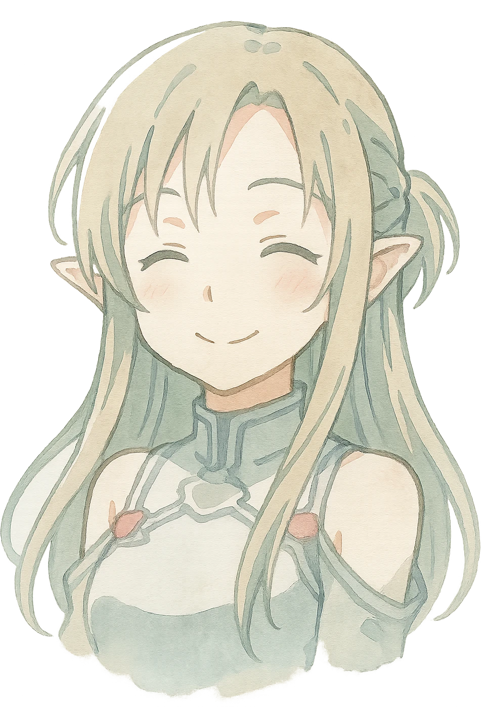 Sticker of Asuna from Sword Art Online in watercolor art style, happy expression, transparent background, inspired by the reference image. emoji