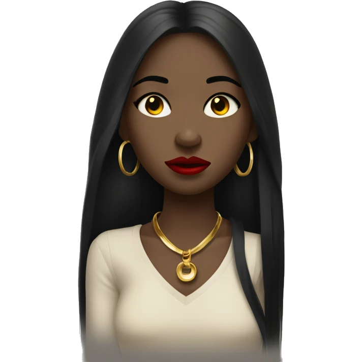 Crying Black girl with long black straight hair and red lipstick with gold hoop earrings and and a gold necklace  emoji