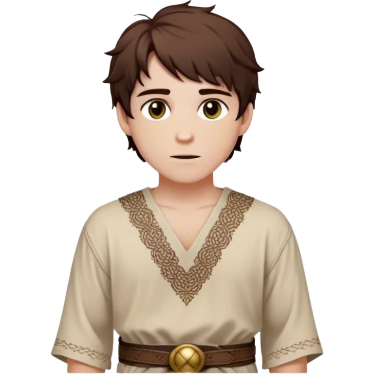 Medieval spring outfit worn by a DnD themed fantasy male character. Sand-colored cotton tunic featuring intricate knotwork patterns at the hem, cinched with a soft leather belt with brass details. Clothes only above the waist, full waist coverage. The character has no arms. Character is white-skinned with dark auburn hair, hazel eyes, and short messy hair with subtle waves. emoji