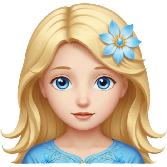 Chica abriéndosele el pelo como una flor, con cara de ángel radiante, ojos azules emoji