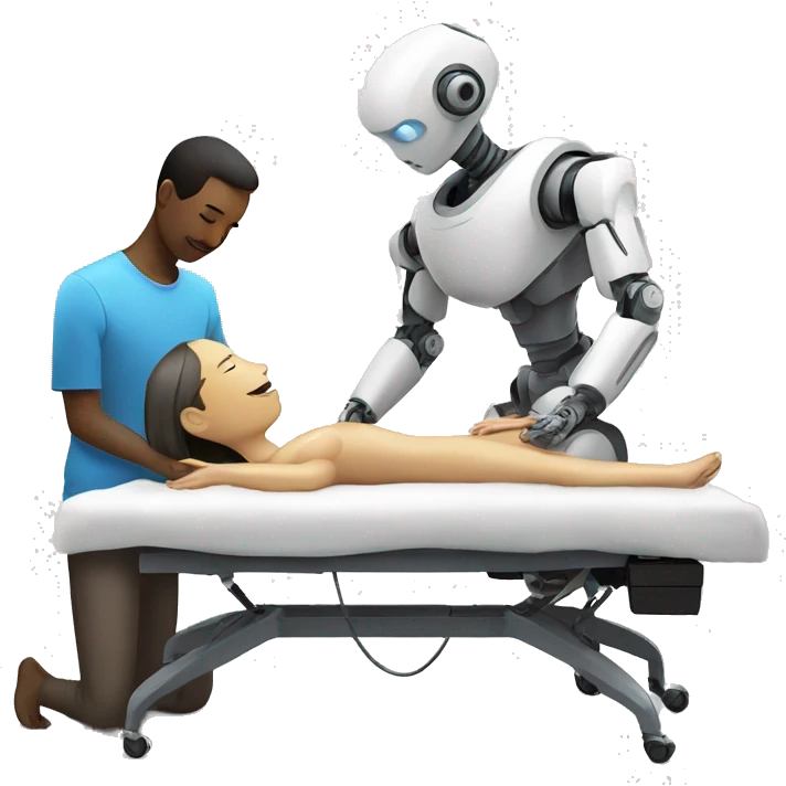 Robot giving massage to human on table emoji