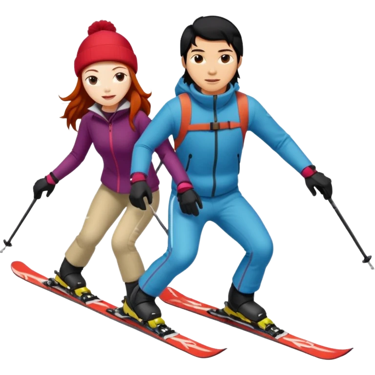 long black haired asian guy skiing with redhead girl emoji