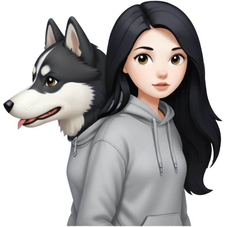 A girl with long black hair wearing a sweatshirt walks a black and white husky emoji