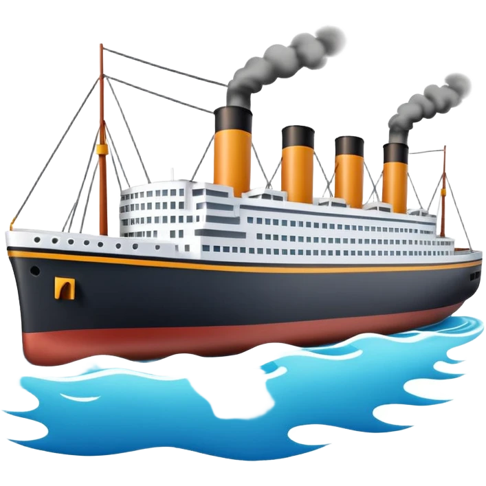 A miniature 3D Titanic ship emoji in Apple style, small and compact with smooth glossy surface, bright clean colors, simplified but recognizable details like smokestacks and windows, no facial features, floating on calm ocean, soft shadows, high-quality render, isolated on white background.



 emoji