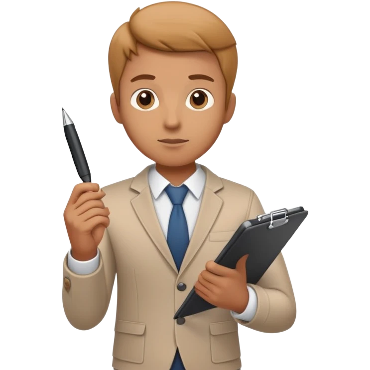 a person holding a checklist and pen, wearing smart casual clothing. The character is in a focused pose emoji