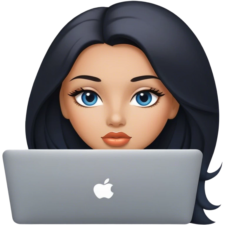 Glamours, tanned, very beautiful girl, with big pump peach lips, black straight smooth silky long hair, straight parting, blue-grey eyes, holding MacBook emoji