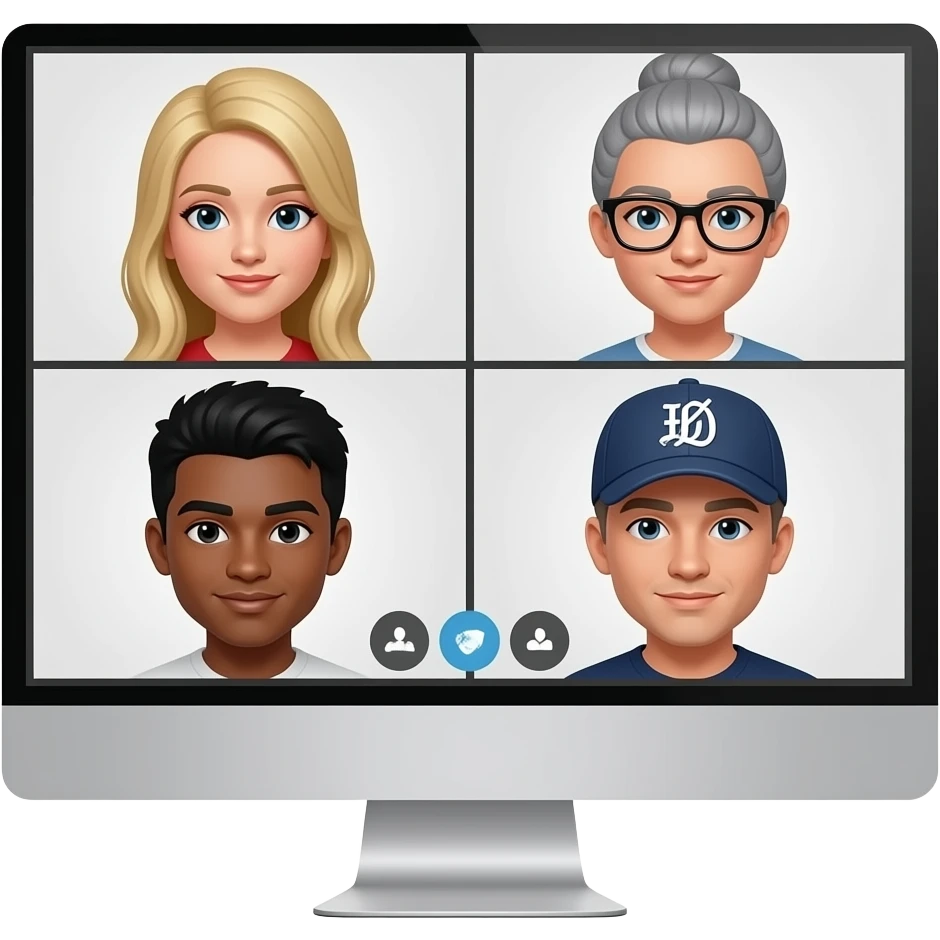 virtual meetings on computer screens amongst 4 teammates: 2 girls (1 blonde, 1 ash gray with updo and black-framed glasses), 2 guys (1 with black hair, 1 with ballcap) emoji