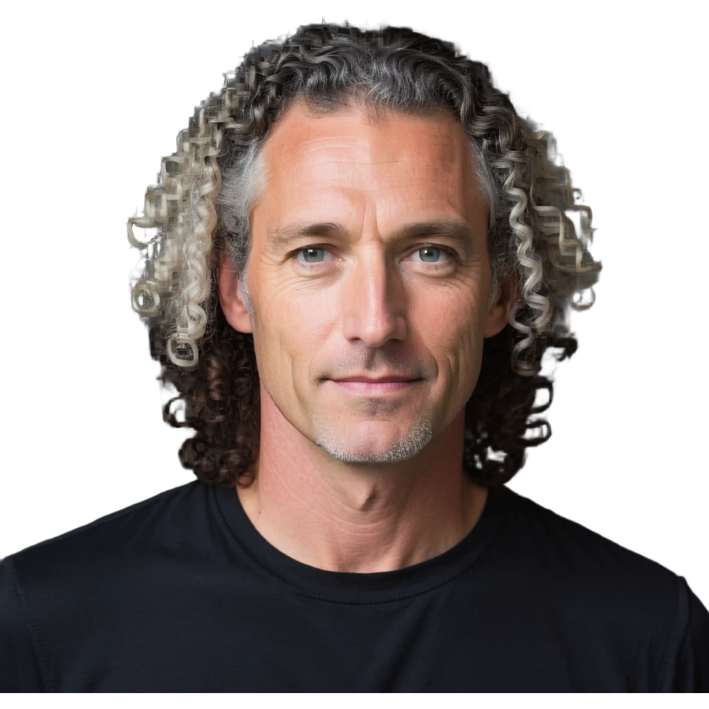 white man in his 40s, long tight curly hair with short sides emoji