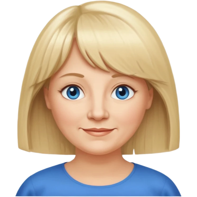 50 yr old white woman, curtain bangs, very long straight blond hair, oval face, small smile, blue eyes, slightly chubby face emoji