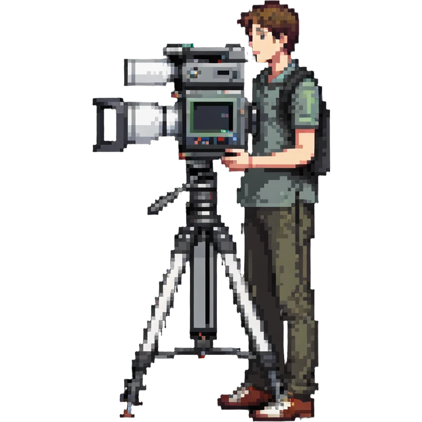 cinéaste de profil ou 3/4 tenant une vraie caméra broadcast professionnelle, œil dans l’œilleton, cadrant devant lui, personnage entier de la tête aux pieds emoji