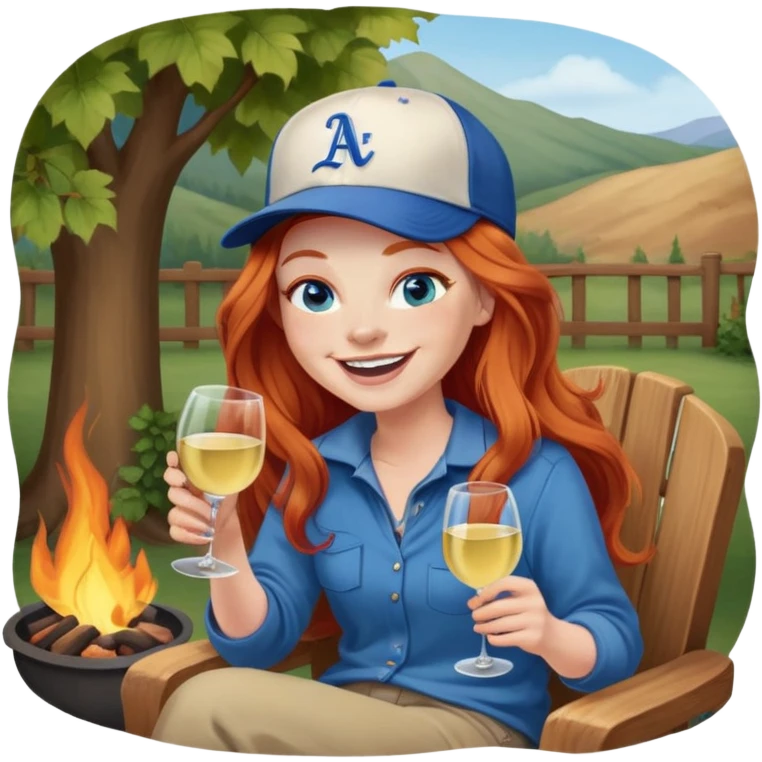 Laughing redhead with long hair and blue eyes wearing baseball cap holding white wine sitting in chair beside fire pit emoji