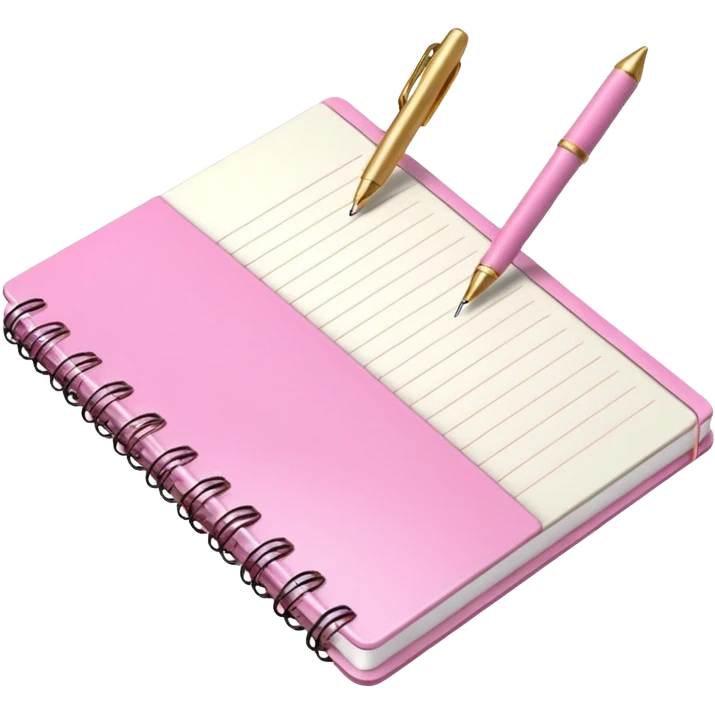 Notebook, gold and pink and white. angled view. with pen emoji