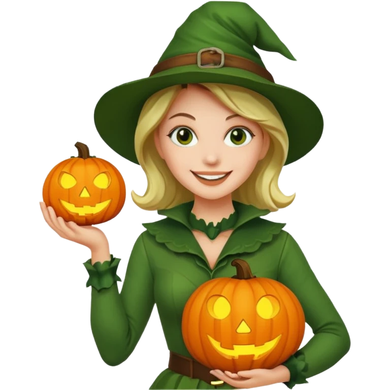 Woman Hunter With Jack o Lantern, wearing green costume emoji