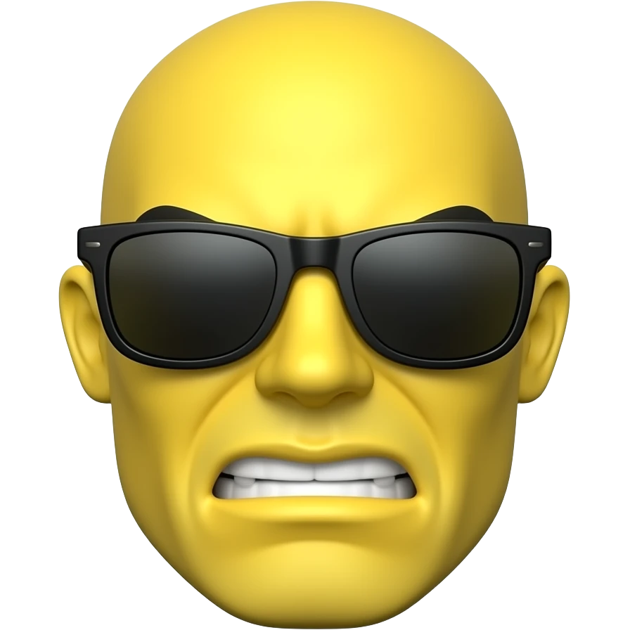 Emoji de cara amarilla con gafas de sol gira lentamente, la luz se refleja en su superficie, el fondo de cuadrícula transparente permanece estático. hacer que el emoji se vea mas moderno y que el fondo sea blanco darle un toque futurista y en 3d darle un asapecto agresivo y malefico emoji