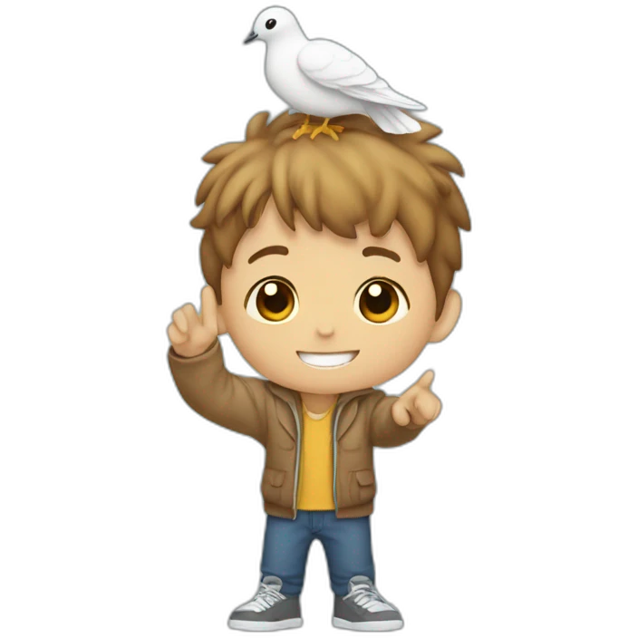 boy with a dove on top of his head and having peace sign hand and only the head of the boy emoji