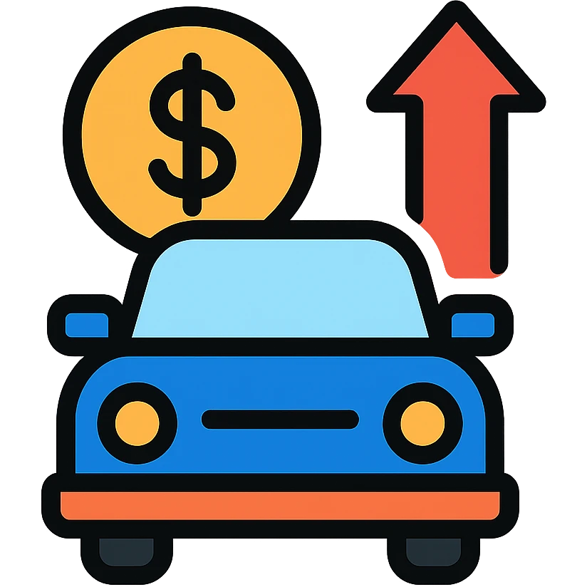 car with a coin and upward arrow, symbolizing profitable vehicle finance emoji