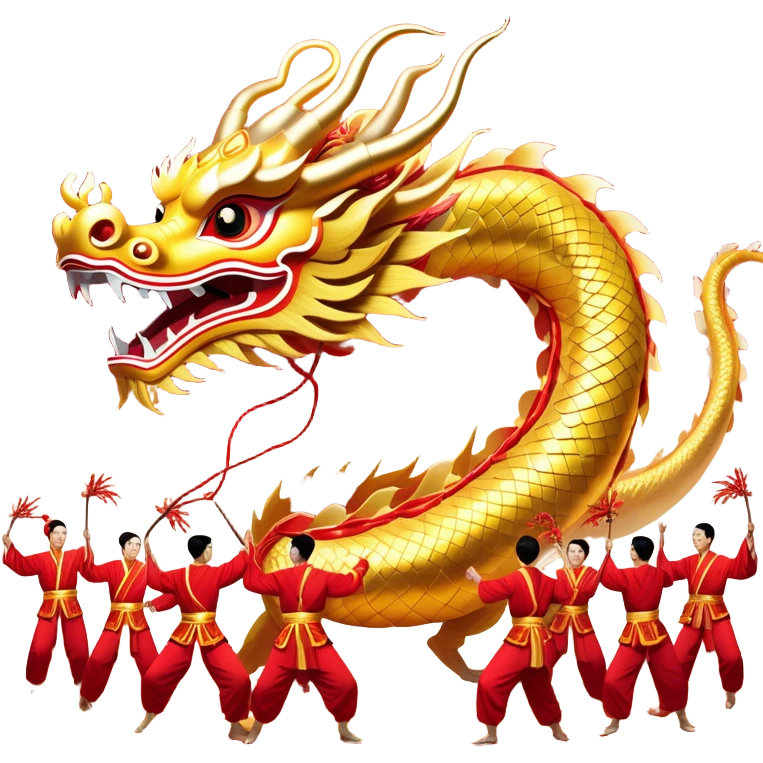 Cinematic Realistic scene of a Chinese Dragon Dance featuring performers energetically holding a vibrant dragon model aloft, with intricately detailed scales and dynamic flowing costumes, illuminated by festive red and gold lighting that captures the spirit of celebration. emoji