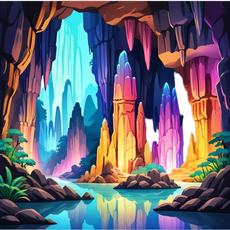 Reed Flute Cave Guilin with colorful lighting, simplified emoji style with bold outlines and bright colors, cartoon style cave with stalagmites emoji