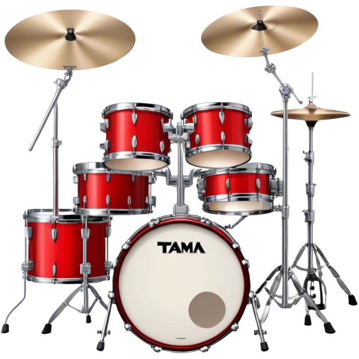 Create a powerful and dynamic emoji representing a TAMA drum kit with two bass drums. The design should feature two prominent bass drums positioned in the center, with snare drums, toms, and cymbals arranged around them. Add drumsticks crossing over the drums to symbolize action and rhythm. Use bold colors like black, silver, and red to emphasize the high-performance nature of the TAMA kit. The background should be transparent. emoji