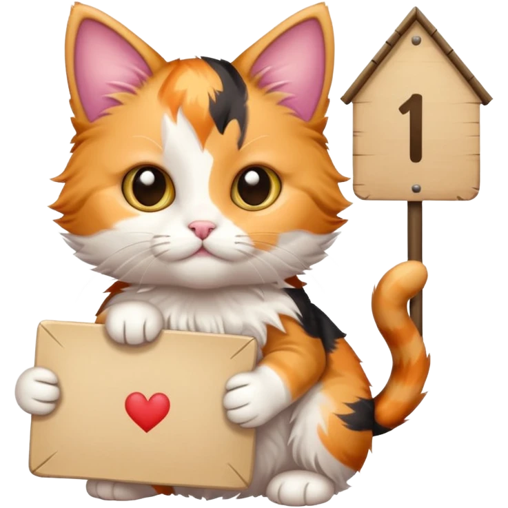 calico kitten holding a large sign emoji