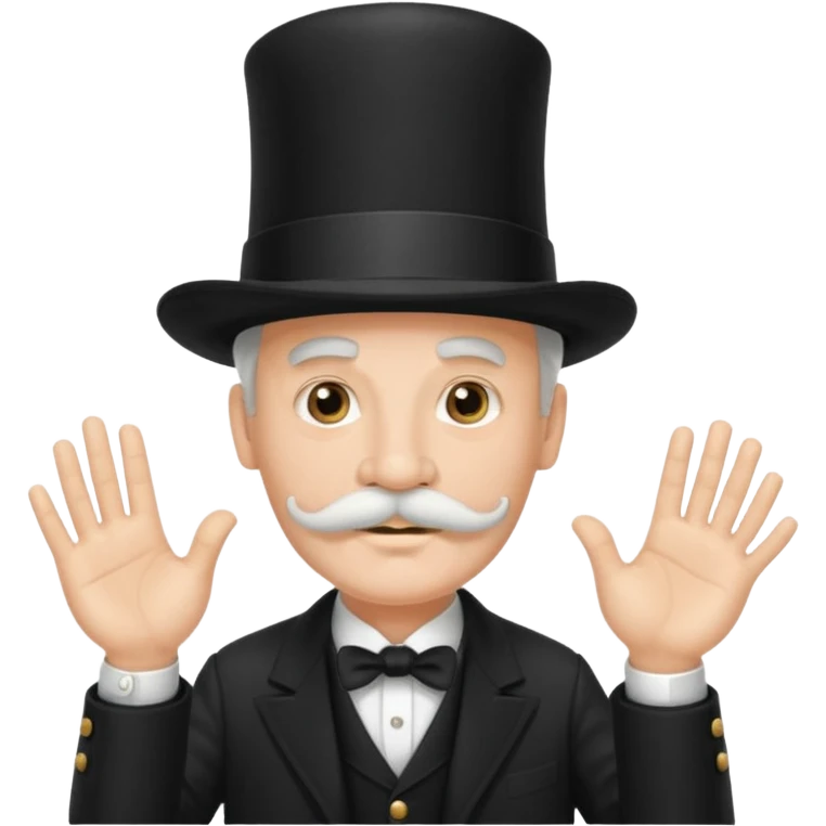 very big white moustachhe and typical 1900 black elegant clothes and hat . politician pose uses hands emoji
