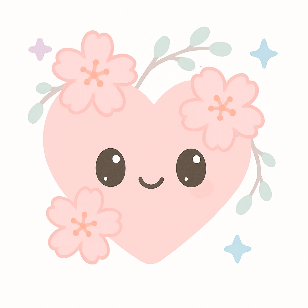 heart with sakura flowers and silver accents, kawaii style emoji