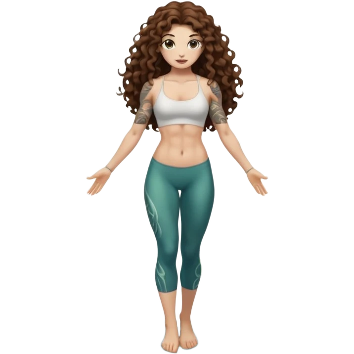 full body woman long curly brown hair brown eyes white skin tattoos muscular build lily pond spirit stance emoji