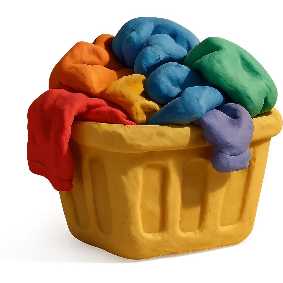 laundry basket filled with colorful clothes, visible fingerprints, soft lighting, claymation style emoji