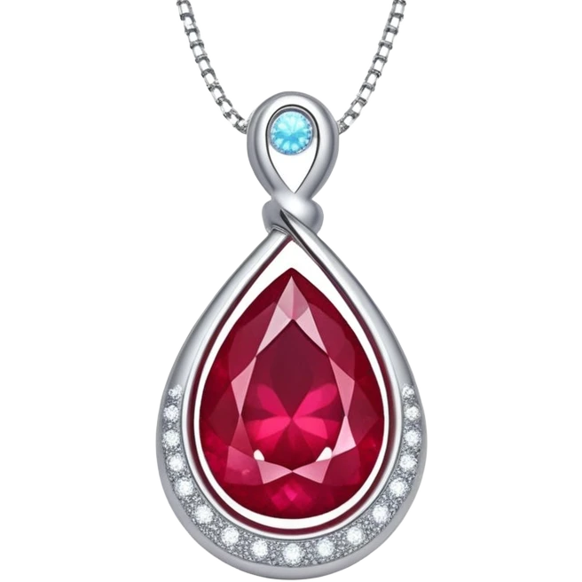 teardrop ruby pendant with silver chain, glowing cosmic embryo inside, swirling stardust emoji