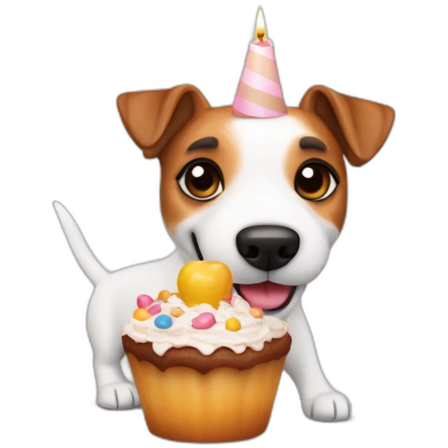 Jack Russell terrier soplando una vela en una torta de cumpleaños emoji
