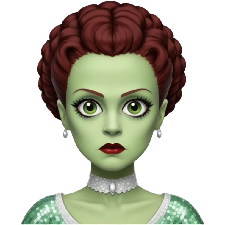 Bride of Frankenstein from Universal Monsters with pale greenish skin, dark auburn hair, white sequin outfit emoji