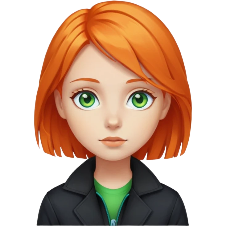Girl with blue eyes, orange hair with green straights in black jacket  emoji