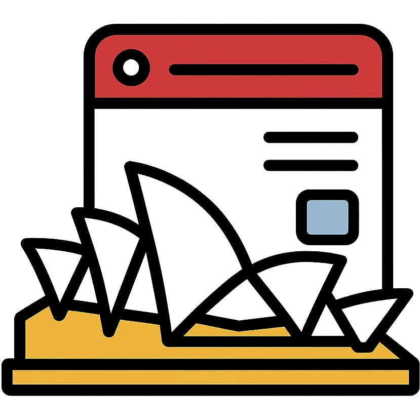Sydney Opera House with digital page elements, tech-inspired, red and white, Microsoft Power Pages branding icon emoji