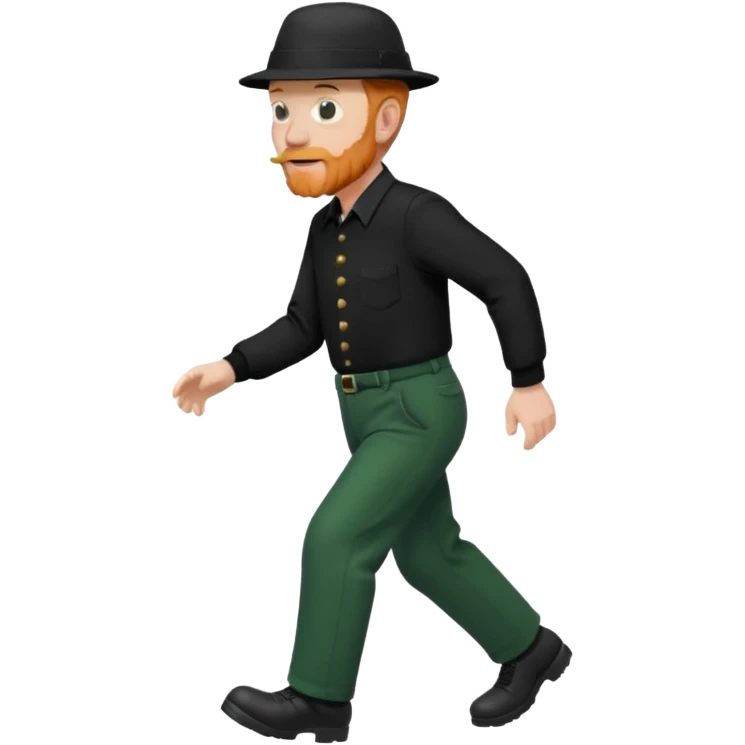 גבר זקן ג'ינג'י מלא כובע שחור הפוך חולמה שחורה ומכנסיים ירוקות ארוכות מבצע צעידה במקום  emoji