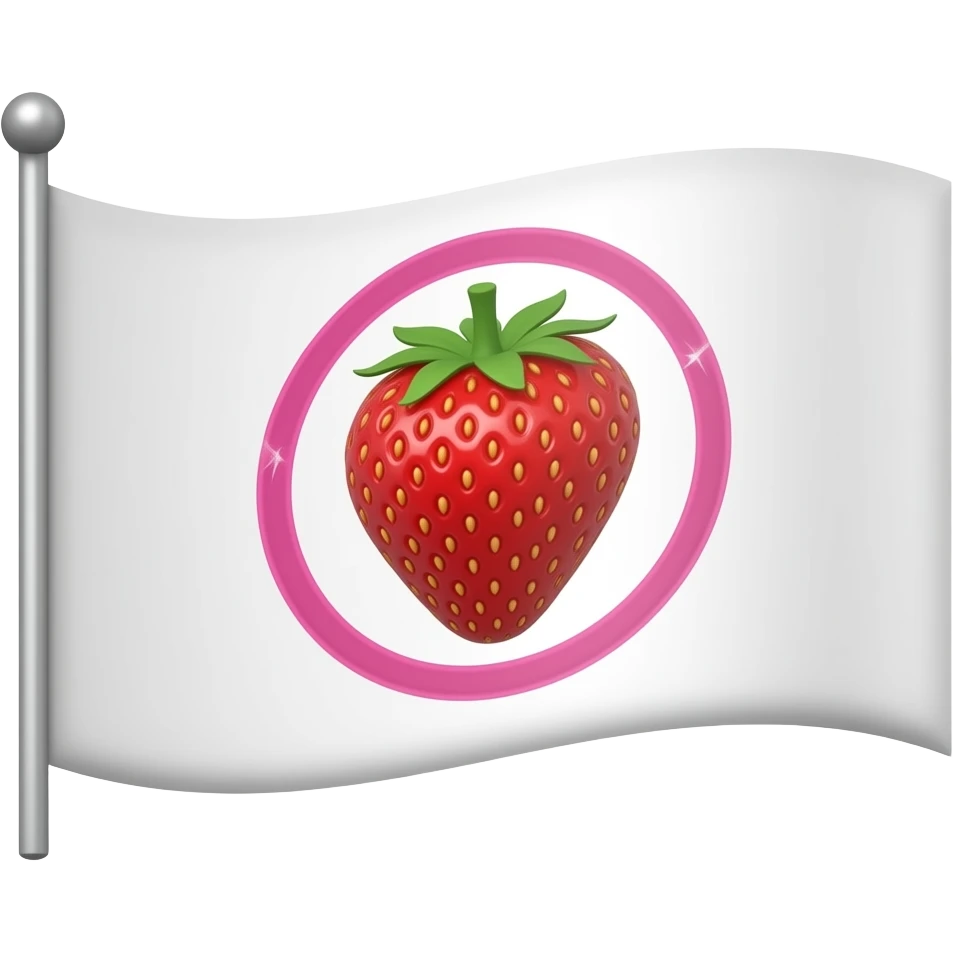 a white flag with a strawberry on the flag. the strawberry has a pink ring surrounding it on the flag emoji