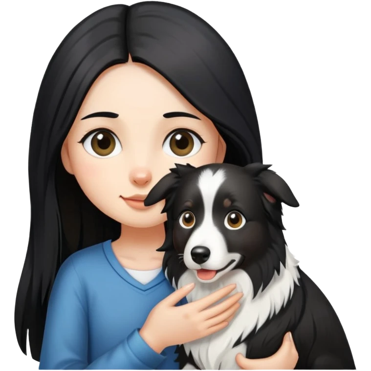 A girl with long black straight hair holding a Border Collie emoji