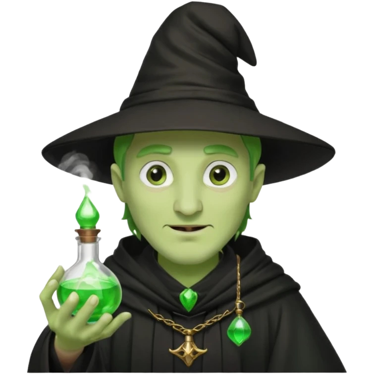 Green-skinned male wizard with a long nose, wearing a black hat and robe, holding a glowing potion bottle emoji