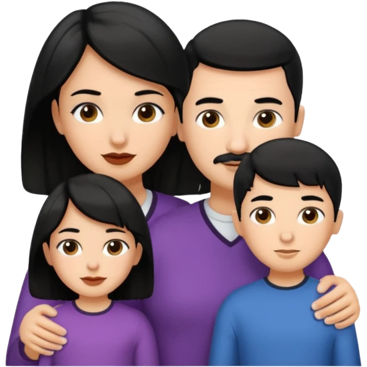 A family consisting of 1 mom with black black wavy hair , 1 girl with black buzz cut hair and 1 girl medium skin tone and black long hair , 1 white man with black hair and short mustache  emoji