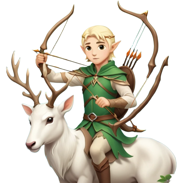 clash-of-clans-aesthetic-blond-male elf-archer-portrait-emoji, rendered in a flat, vector-style with minimal shading and bold holding his bow, simplified shapes, head tilted slightly forward with a determined, focused expression, riding a majestic white stag whose antlers glow with mystical energy, set against an ancient, enchanted forest backdrop. emoji