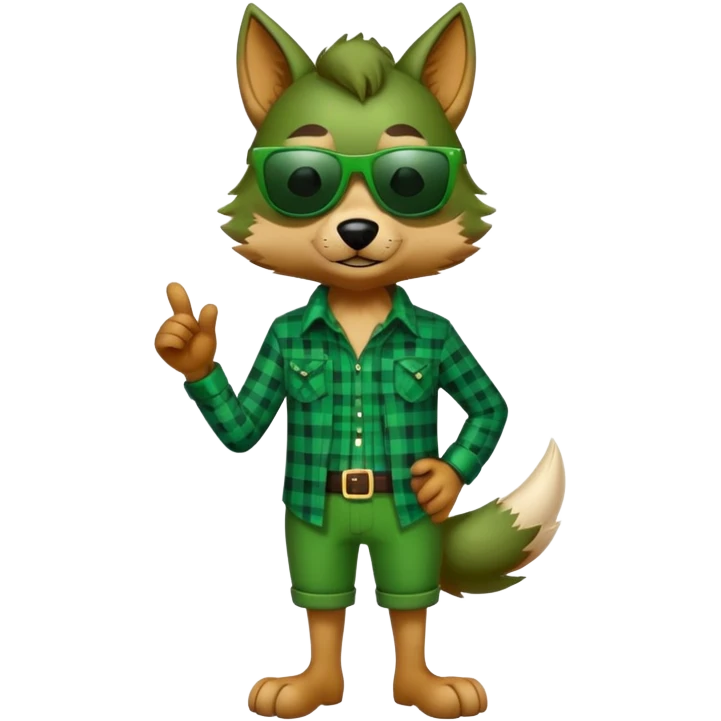 full-body friendly anthropomorphised wolf in green plaid shirt and green attire for St. Patrick's Day, wearing dark sunglasses, festive pose emoji