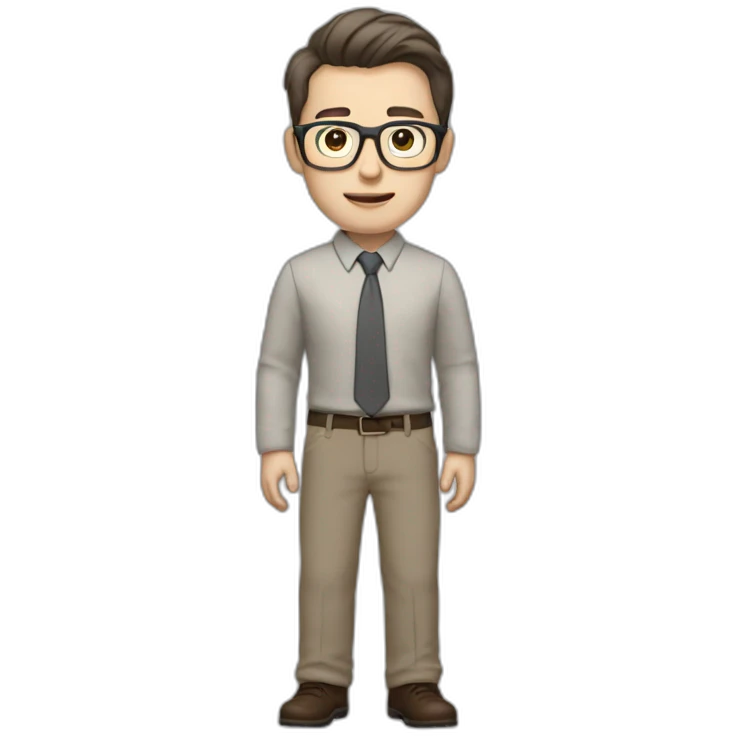 Full height Actively Gesturing Pale skinned fit man with dark brown hair in gray jacket, beige office shirt, brown tie, brown pants and vintage glasses. emoji