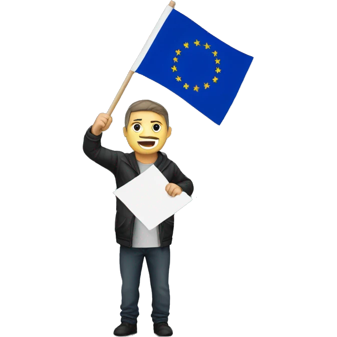 A man at a protest holding a poster with a crossed-out EU flag emoji